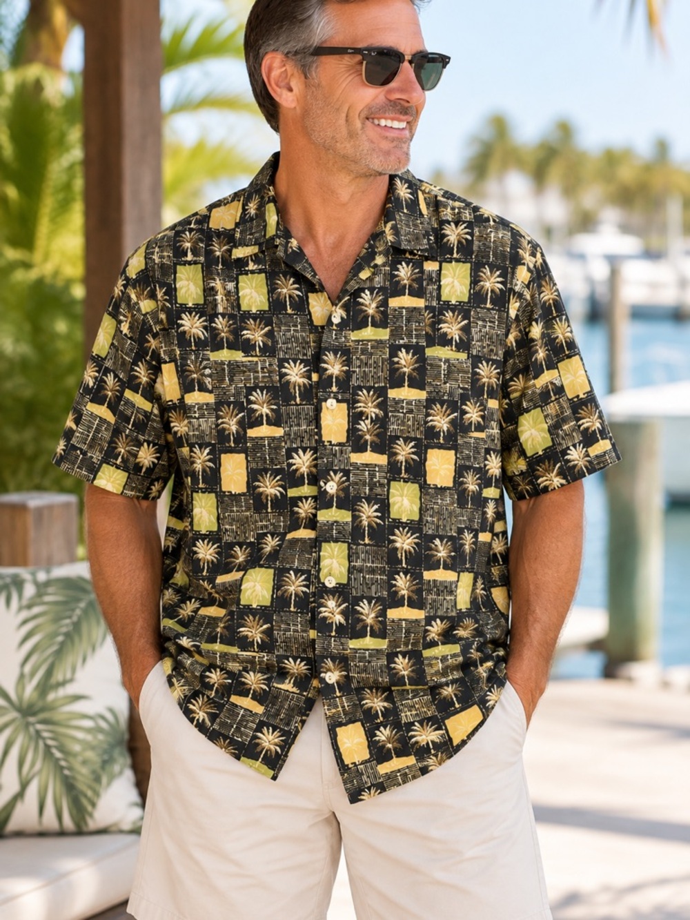 Tori Richard Honolulu Men L Black Palm Tree Hawaiian Shirt 100% Cotton Aloha
